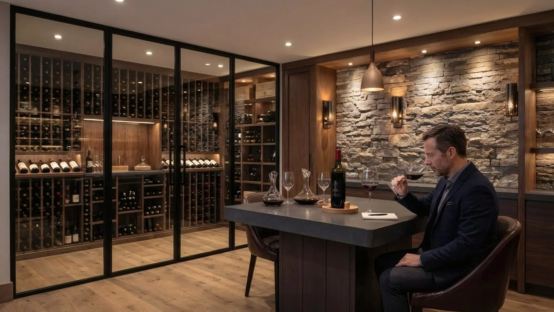 Un homme goûte un vin rouge à une table de dégustation, devant une cave à vin vitrée.